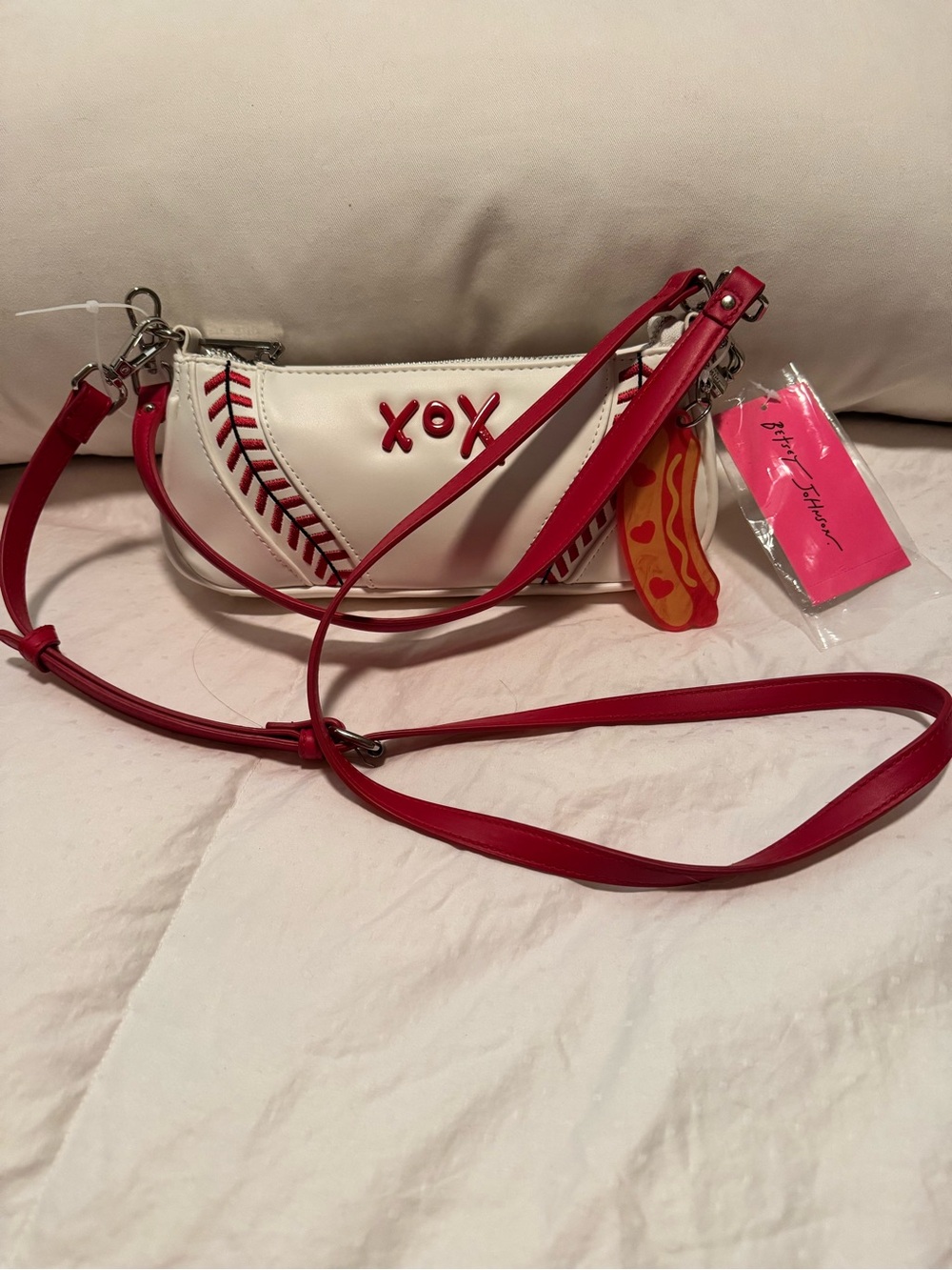 Betsey Johnson White & Red Baseball XOX Crossbody with Hot Dog Charm Accents